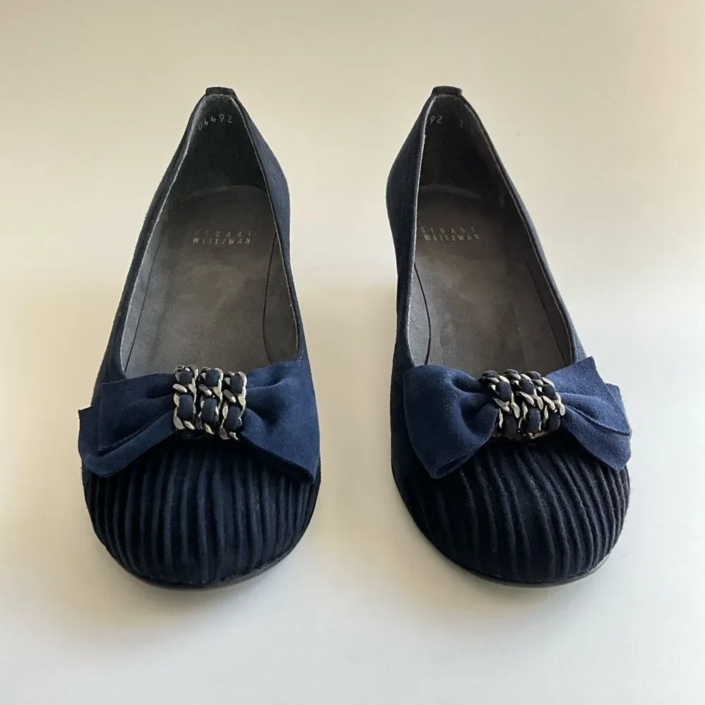 Stuart Weitzman Suede Wedge Bow Front Shoes Blue 7